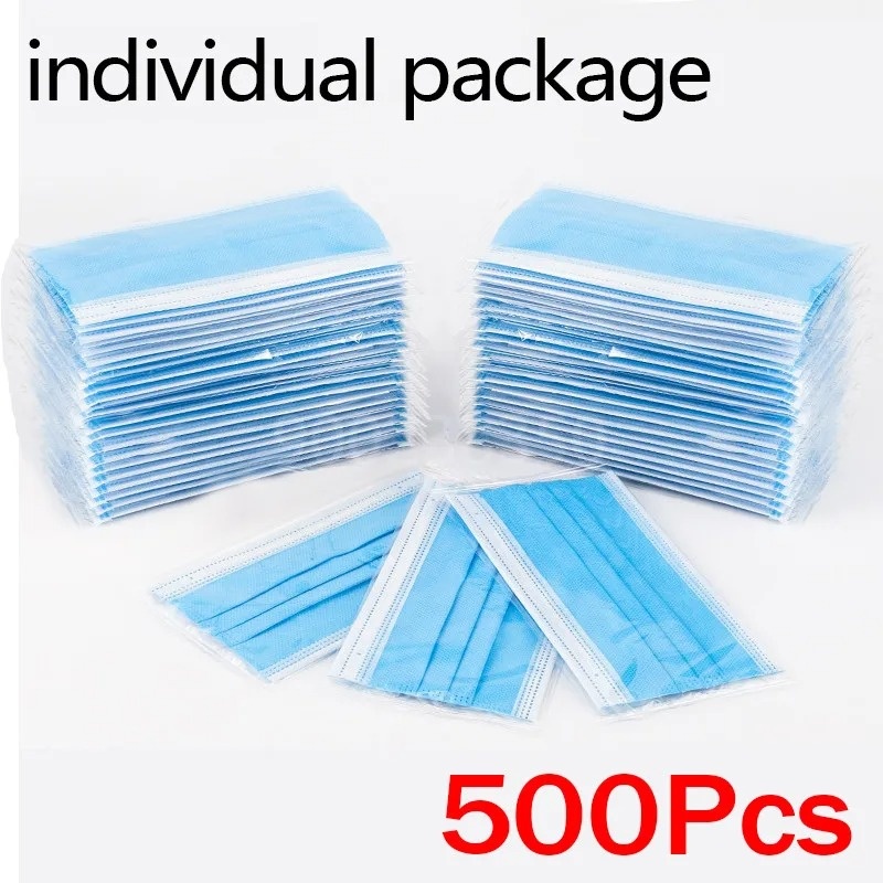 Disposable Mask Blue - 50-500 個使い捨て大人用個別パッケージマスクフィルターメルトブローン不織布フェイスマスクブルー通気性保護マスクマスク