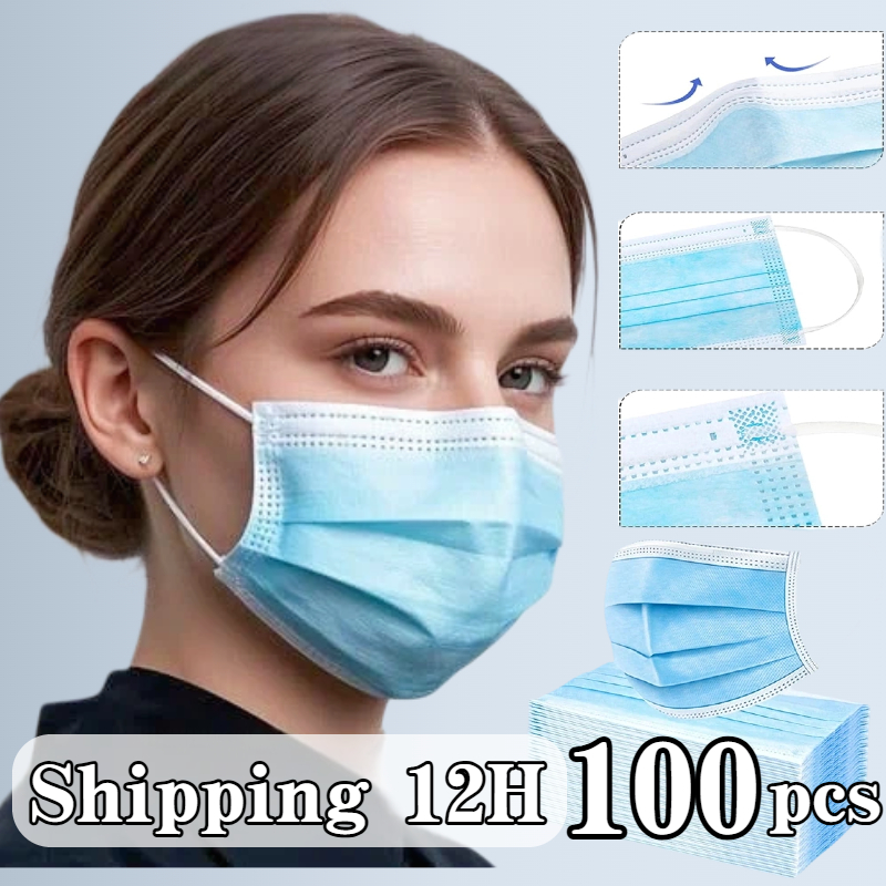 Disposable Mask Blue - 100枚の青い使い捨て保護マスク - 3層構造で通気性があり快適、屋外、家族、通勤、オフィスに非常に適しています。