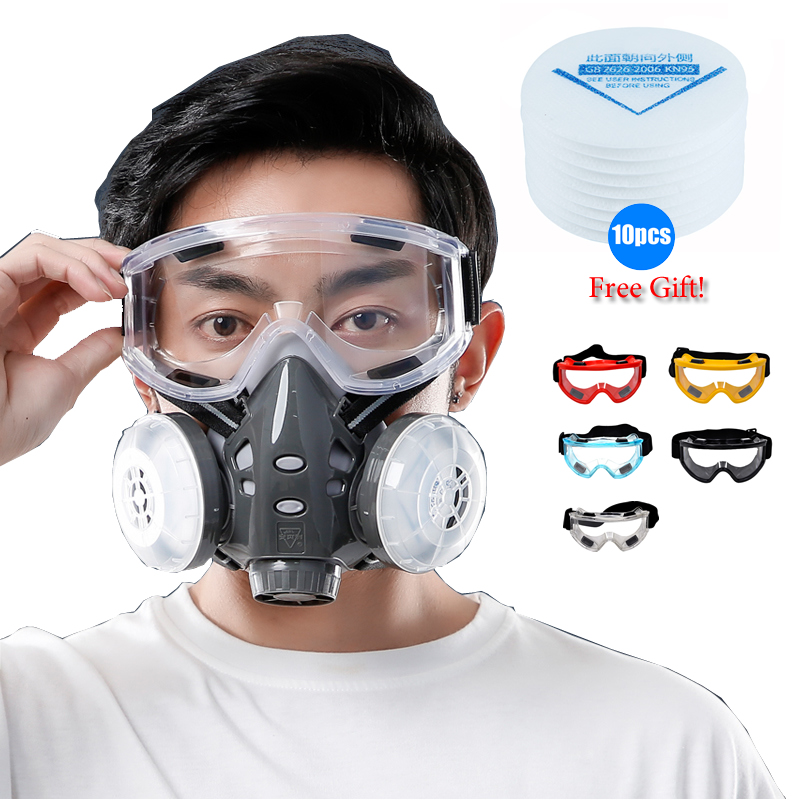 Kn95 Respirator Mask - フィルター付きハーフフェイスマスク,10個のフィルター付き防塵マスクkn95,レスピレーター,安全ゴーグル,防塵マスク,大工の構造,研磨,安全,二重