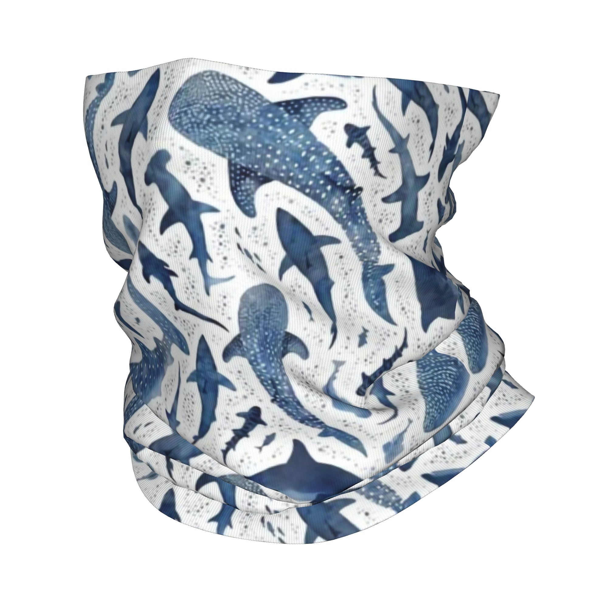 Neck Gaiter Face Cover - カスタムブルー水彩画サメ柄バンダナネックゲイター防風フェイススカーフカバー男女兼用漫画風ヘッドウェアチューブバラクラバ