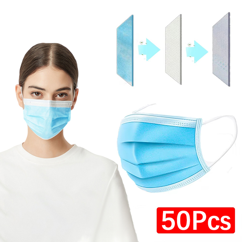 50 個ユニセックス 3 層マスクフェイスマスクメルトブロー - Disposable Mask Blue のレビューと価格